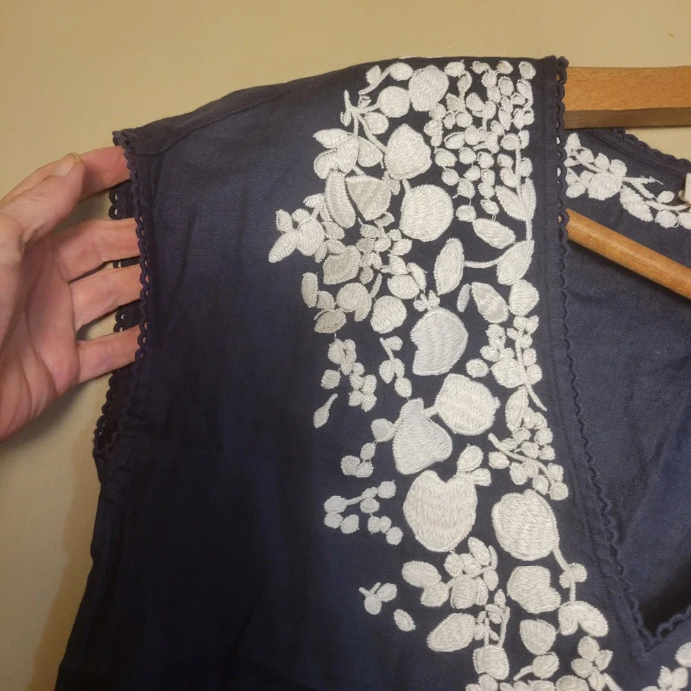 Tory Burch Linen Tunic Women XS Navy Blue Excellent Embroidered Boho V-Neck Top
